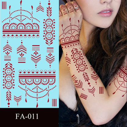 sengpan Maroon Henna Tattoo Sticker Waterproof Temporary Tattoos for Hand Arm Fake Tattoo for Women Wedding Festival Mehndi Stickers