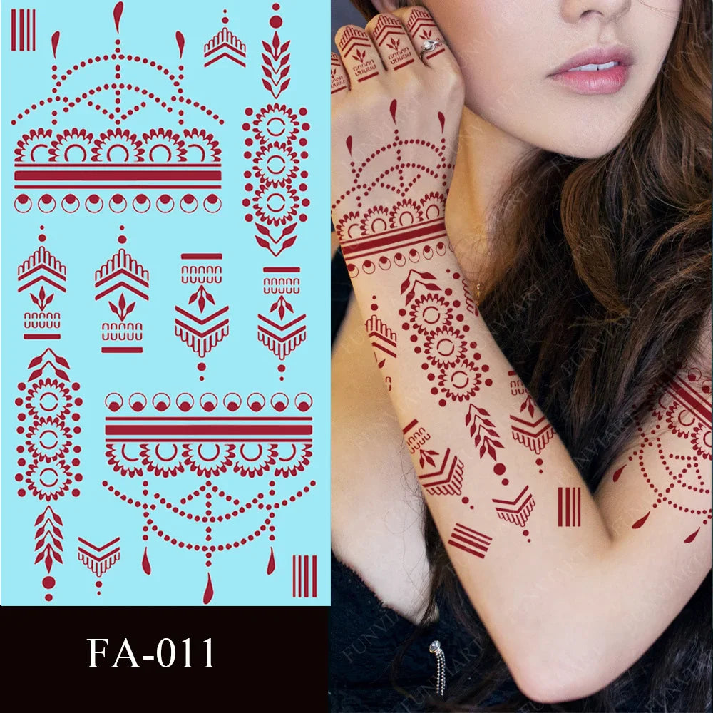 sengpan Maroon Henna Stickers for Hands Waterproof Temporary Henna Tattoos for Women Fake Tattoo Brown Henna Decorations Wedding