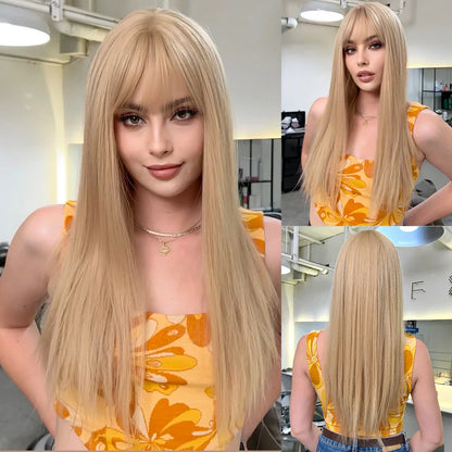 sengpan Ombre Synthetic Straight Cosplay Women Hair Platinum Blonde to Black Hair Long Layered Natural Wigs with Bangs for White Women