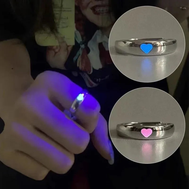 sengpan Luminous Love Heart Finger Ring Glow In Dark Fashion Adjustable Couples Rings Silver Color Pink Blue Light Jewelry Lover Gift