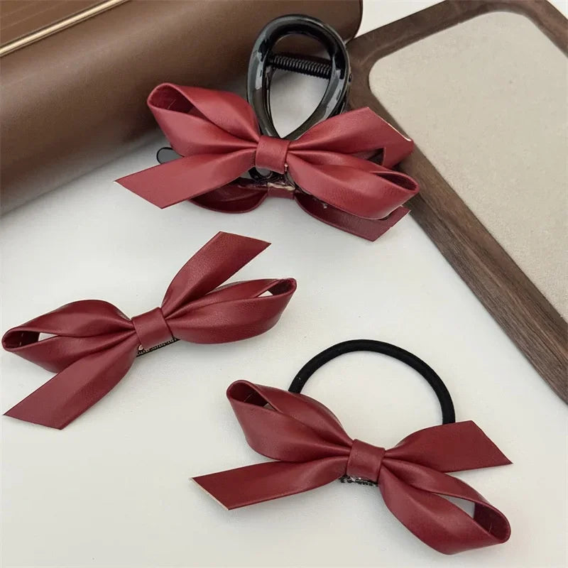 sengpan New Autumnand Winter Chrismas Decor Fashionable Ankorra Red PU Leather Butterfly Hair Tie Hair Clip Red Hair Accessories BowKnot