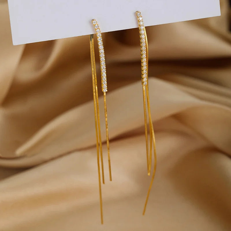 Lianfudai New Luxury Gold Color Long Tassel Earrings Trendy Korean Fashion White Zircon Ear Wire Women Accessories Earring Jewelry Gifts