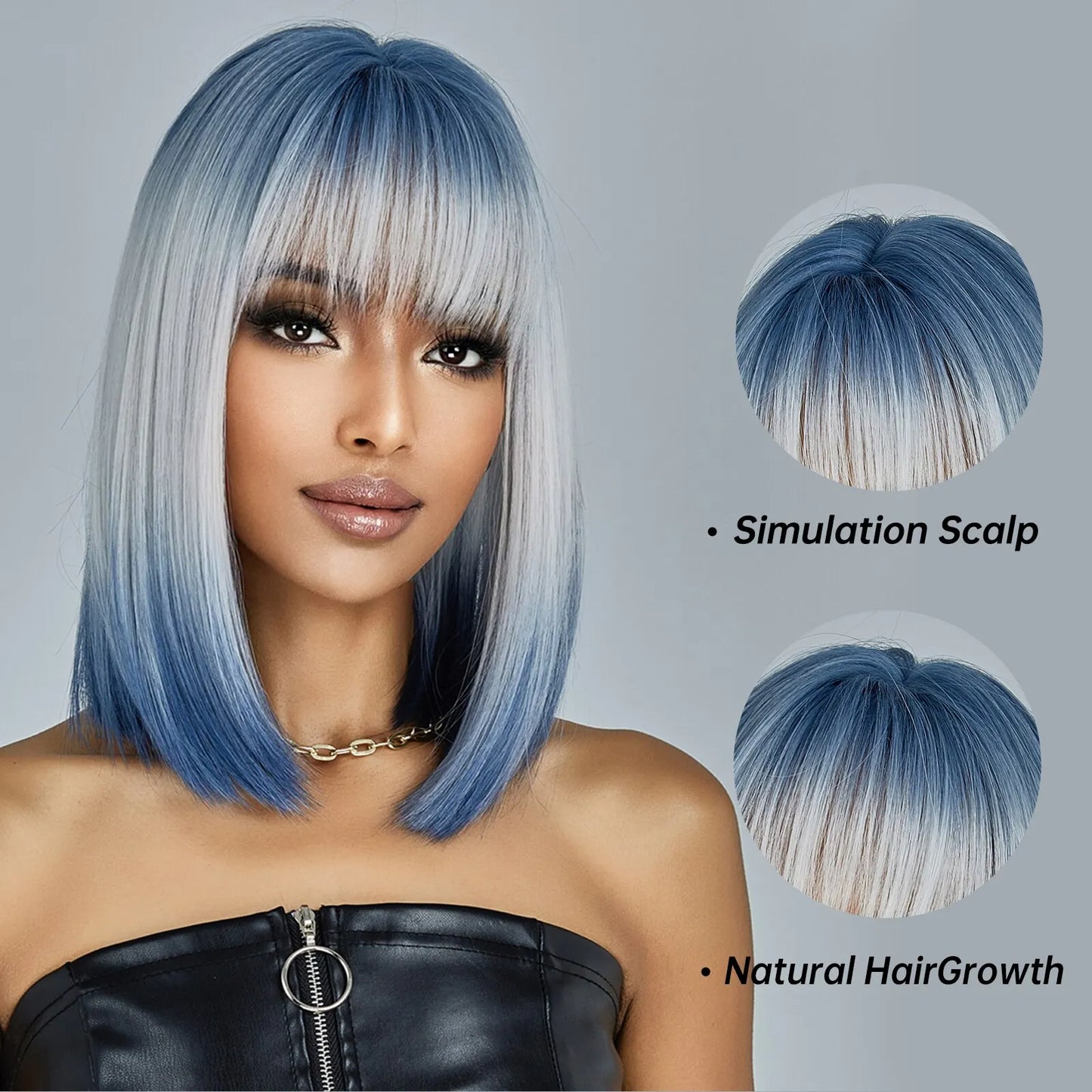 sengpan Medium Length Blue White Ombre Straight Synthetic Hair With Bangs Short Bob Cosplay Wig for Women Daily Party Heat Resistant