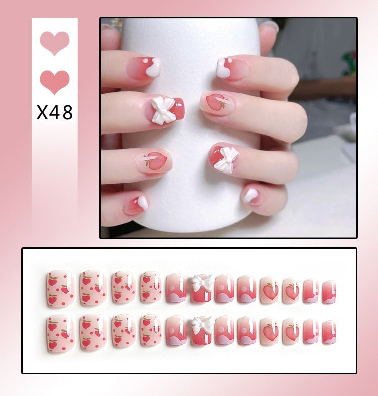 sengpan 24Pcs French With Drill Short Fake Nails Press On Nail Tips Artificial Full Cover Cute Bow Wearing False Nails Art Free Shipping