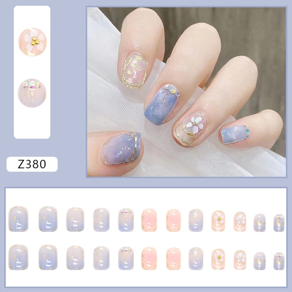 sengpan Press On Nails Free Shipping Retro Flowers False Nails Sweet Short Purple with Design Elegant Fake Fingernails Stickers For Girl