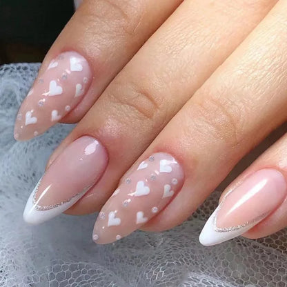 sengpan Simple Stiletto French Fake Nails for Valentine's Day Almond Sweet False Nails with Glue Full Cover Artificial Nails Press On