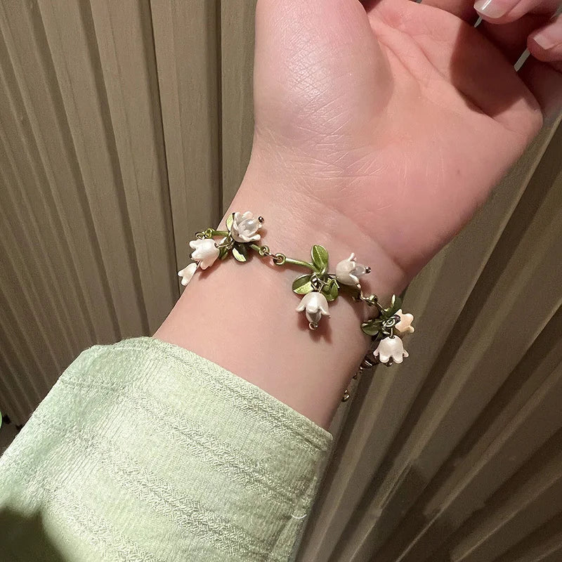 sengpan White Lily of The Valley Bracelet Earrings Necklace Super Fairy Stud Earrings Girls Clavicle Chain Flower Bracelet Jewelry Gifts