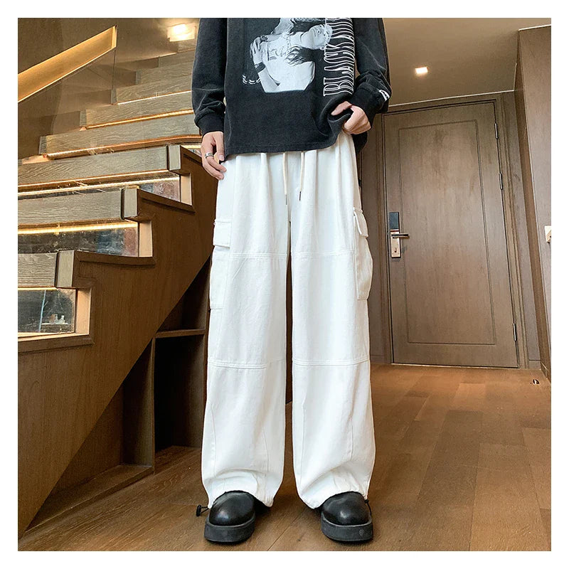 BONSIR  -  Multi-Pocket Washed Cargo Pants Men Women Y2K Vintage Streetwear Loose Oversized Straight Wide-Leg Jeans Dark Green/Purple