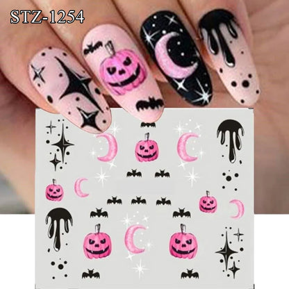 sengpan Halloween Nail Art Stickers Evil Pumpkin 3D Nail Decals Cartoon Skull Water Transfer Sticker DIY Festival Nail Decorations