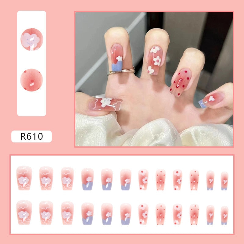 sengpan 24pcs Full Cover Wearable Press Fake Nails Art Free Gift Glue Sticker Tip Wearing Tools False Manicure Patch Paragraph