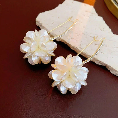 sengpan Summer Long Flower Earrings Hand-made Pearl Beaded Korean Fashion Shiny Earrings Sweet Jewelry Gifts