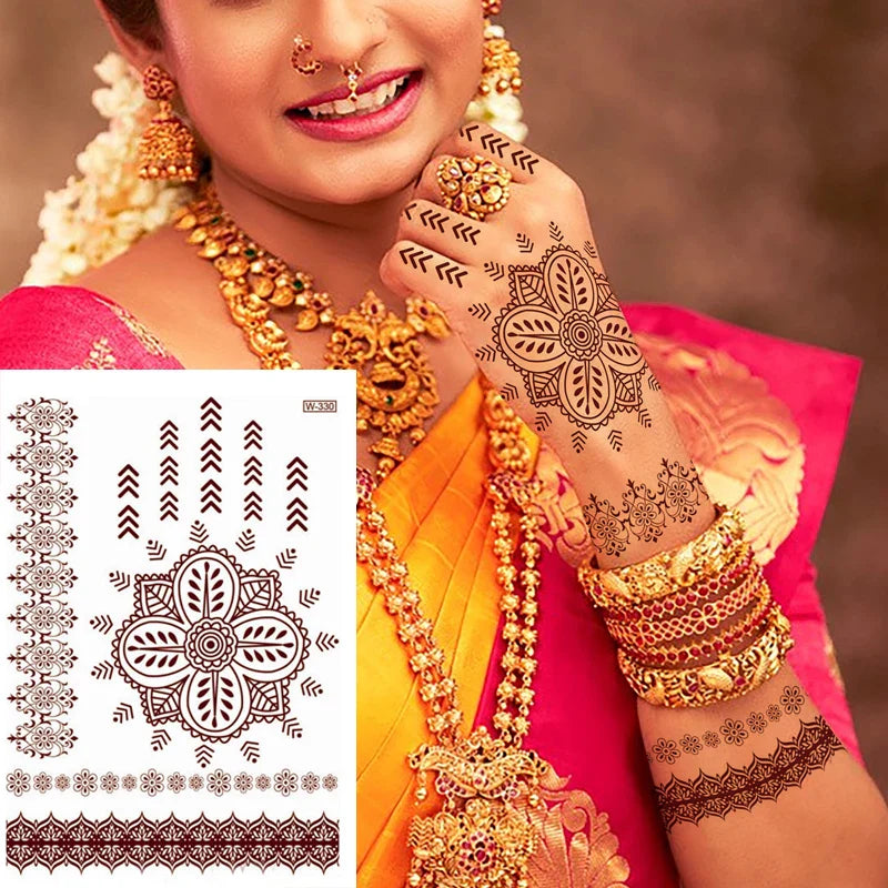 sengpan Brown Henna Temporary Tattoos for Women Henna Design Stickers for Hand Neck Body Art for Wedding Flora Hena Tattoo Waterproof