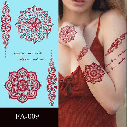 sengpan Maroon Henna Stickers for Hands Waterproof Temporary Henna Tattoos for Women Fake Tattoo Brown Henna Decorations Wedding