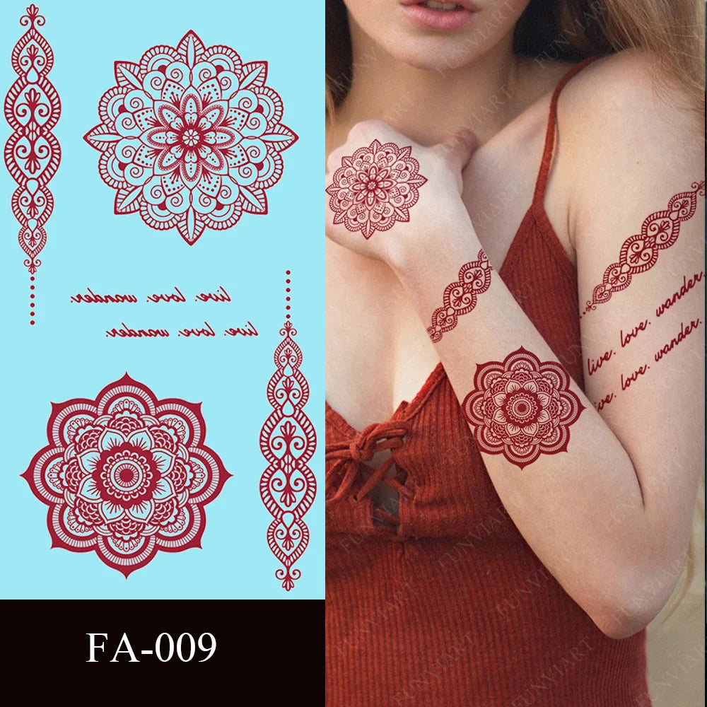 sengpan Maroon Henna Tattoo Sticker Waterproof Temporary Tattoos for Hand Arm Fake Tattoo for Women Wedding Festival Mehndi Stickers