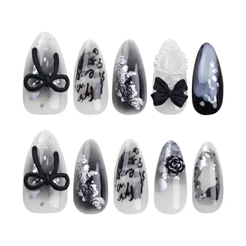 sengpan Pearl Heart Star False Nails Black Bow Gradient Color Press on Nails Sequin Almond Removable False Nail Nail Art for Women&Girll