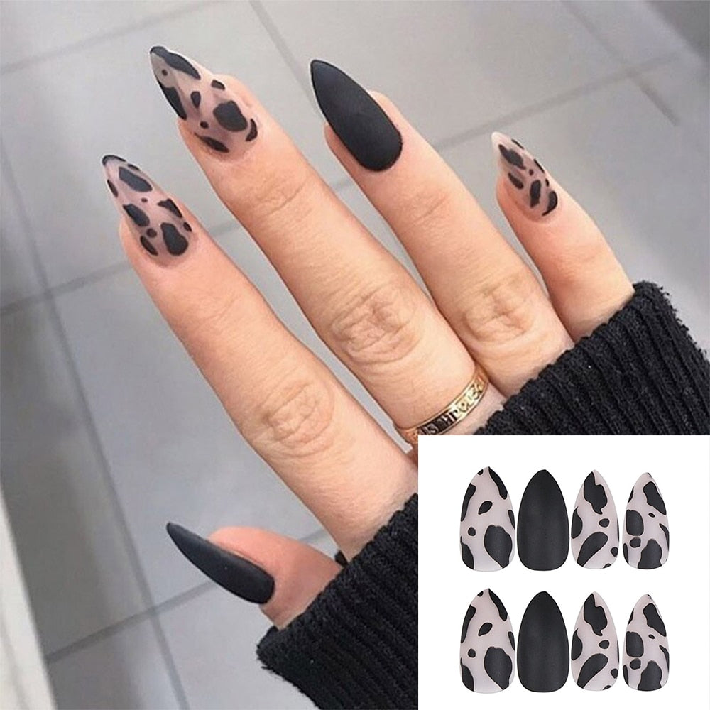 sengpan 24P Fashion Fake Nails With Design Leopard Full Cover False Nails Tips Black Brown Stiletto Press On French Artificial Nail Glue