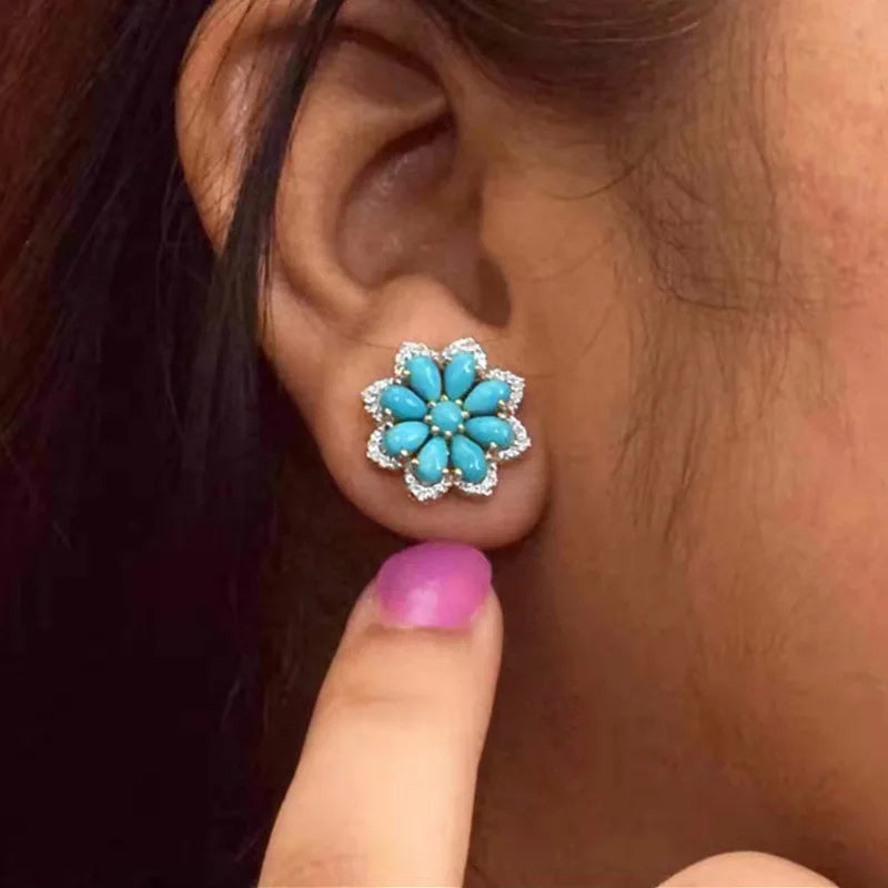 sengpan Vintage Turquoise Stud Earrings for Women Snow Flower Earring Statement Earring Valentine Day Gift Jewelry Pendientes Mujer