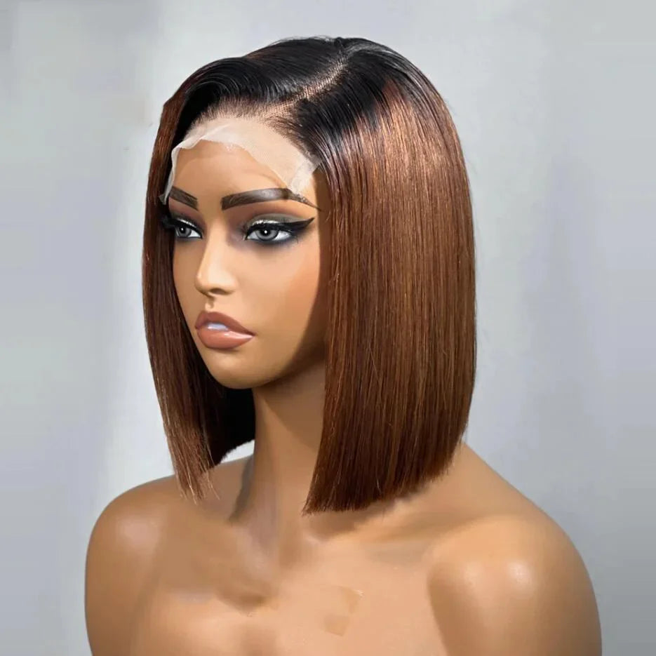 sengpan Soft 180Density Short Bob Ombre Brown Blonde Glueless Straight Lace Front Wig For Black Women BabyHair Preplucked Daily Cosplay