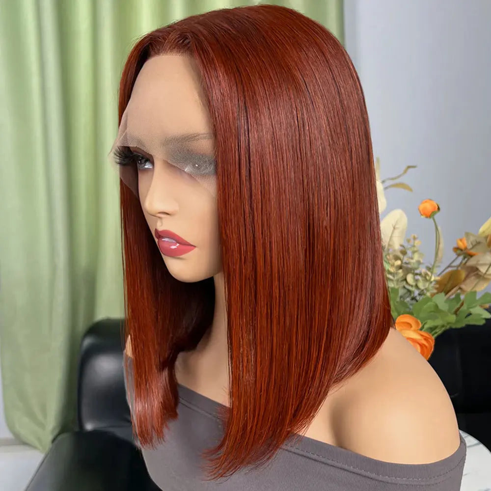 sengpan Reddish Brown Bob Wig Human Hair 13x4 Lace Front Wigs Human Hair Pre Plucked Short Bob Wig 180% Density 12A Color #33