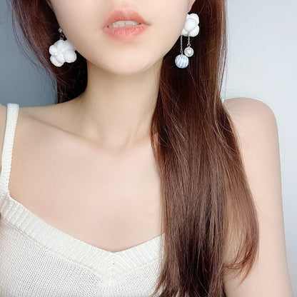 sengpan gifts for women New Asymmetric White Cloud Earrings Pompons Cute Blue Bow New Girlish Heart Ear Studs Earrings Hole Sweet Cotton Clould Pom Ball