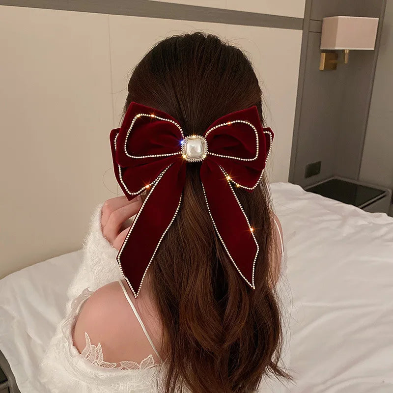 sengpan Velvet Inlaid Rhinestone Pearl Bow Hair Clip for Women Korean Fashion Exaggerated Hair Claws Exaggerated Hair Accessories