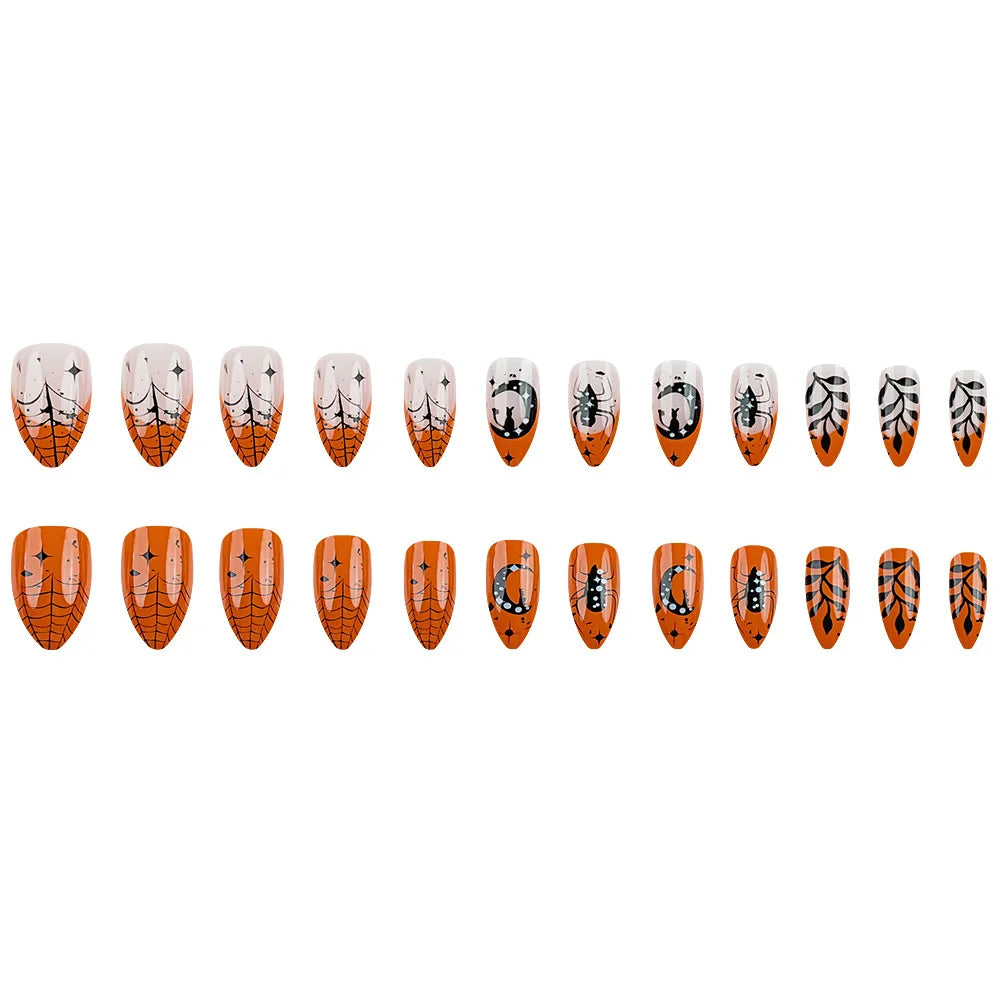 sengpan 24pcs Halloween Funny Spider Fake Nails Press On Nails Full Cover Orange Edge French False Nails Short Almond Shaped Nail Tips