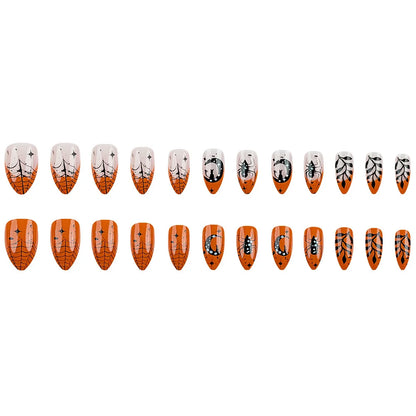 sengpan 24pcs Halloween Funny Spider Fake Nails Press On Nails Full Cover Orange Edge French False Nails Short Almond Shaped Nail Tips