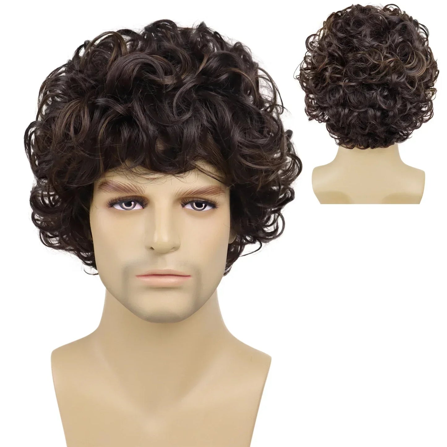 sengpan Synthetic Curly Men Wig Short Brown Hair Businessmen Curly Haircut Man Guys Natural Hairstyle The Summer Outfits Cosplay Costume