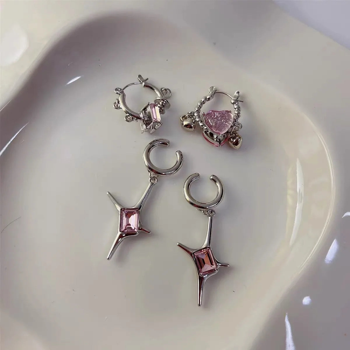 sengpan Y2k Accessories Pink Bling Crystal Heart Earrings Korean Fashion Irregular Star Earrings for Women's 2000s Jewelry Aesthetic