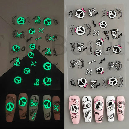 sengpan Luminous Nail Stickers Glow In Dark Halloween Nail Art Decoration Cartoon Skull Ghost Sliders Bones Spider Decal Tattoo GLYB-018