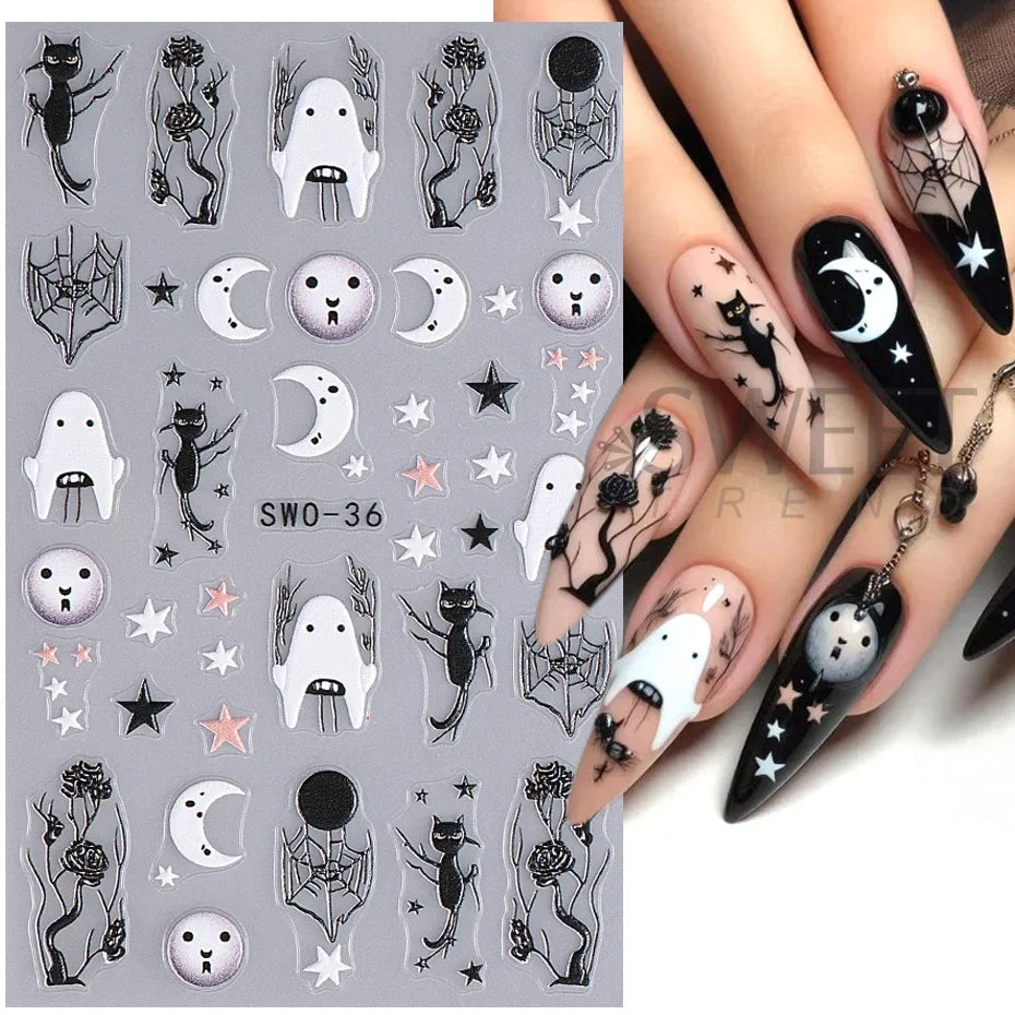 sengpan 3D Halloween Nail Stickers Cartoon Mummy Bandages Ghost Eyes Pumpkin Spider Web Blood Drops DIY Winter Matte Nail Art Decoration