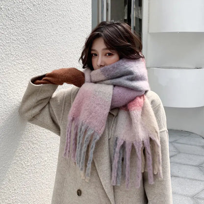 sengpan Retro Imitation Cashmere Scarf Winter Women Fashion Green Mohair Striped Scarves Korean Classic Thicken Warm Soft Shawl