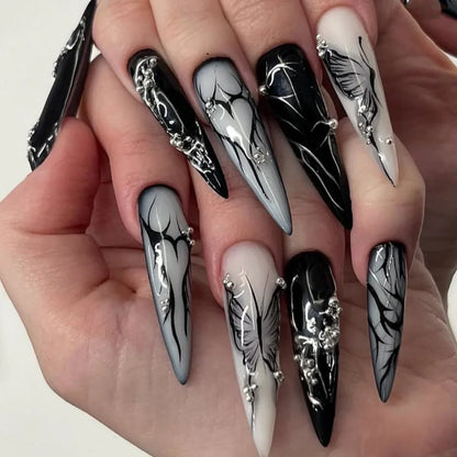 sengpan Punk Cool Fake Nails Y2k Sliver Star Crystal Crocodile Pattern Press on Nails Long Coffin Heavy Metal French False Nails