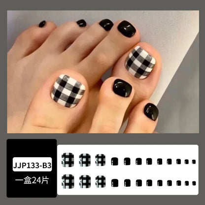 sengpan Flow Chocolate Design Artificial Toenails Glossy Fashion Toe Fake Nails with Glue Wearable Short Flat Shape Fake Toenails