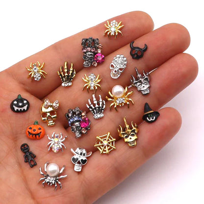 sengpan 10pcs/Pack Metal Halloween Collection Nail Art Decorations Pumpkin Skeleton Spider Skull Shiny Rhinestone Charm Nail Accessories