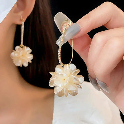 sengpan Summer Long Flower Earrings Hand-made Pearl Beaded Korean Fashion Shiny Earrings Sweet Jewelry Gifts