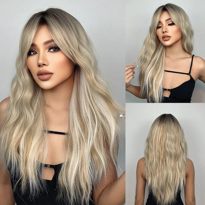 sengpan  Brown Highlight Long Wave Wigs for Women Synthetic Wig with Bangs Ombre Mixed Color Natural Looking Hair for Daily