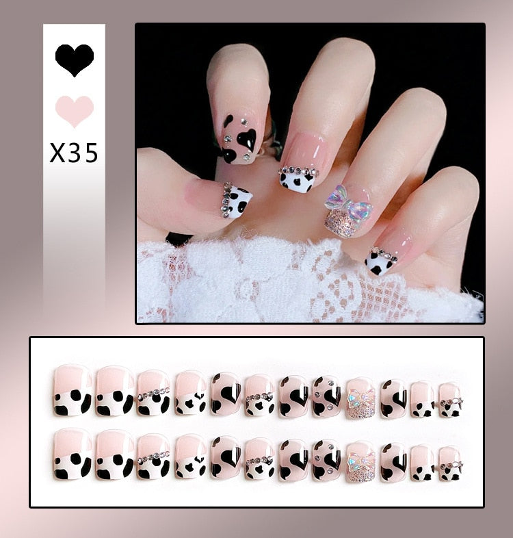 sengpan 24PCS/Box Bowknot Rabbit Pattern Pearl Short Square Designer Fashion Design French Style Full Covering Pressed Fake Nails