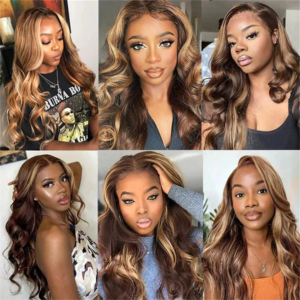 sengpan Ombre Highlight Lace Front Human Hair Wig 13x4 Body Wave Highlight 13x6 HD Lace Frontal Wigs 4/27 Color Highlight Wig Human Hair