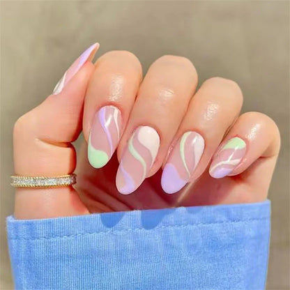 sengpan 24Pcs Small Flower Design Almond Wearing False Nails Blue White Oval Acrylic Press on Nails Art Removable Artificial Fake Nails