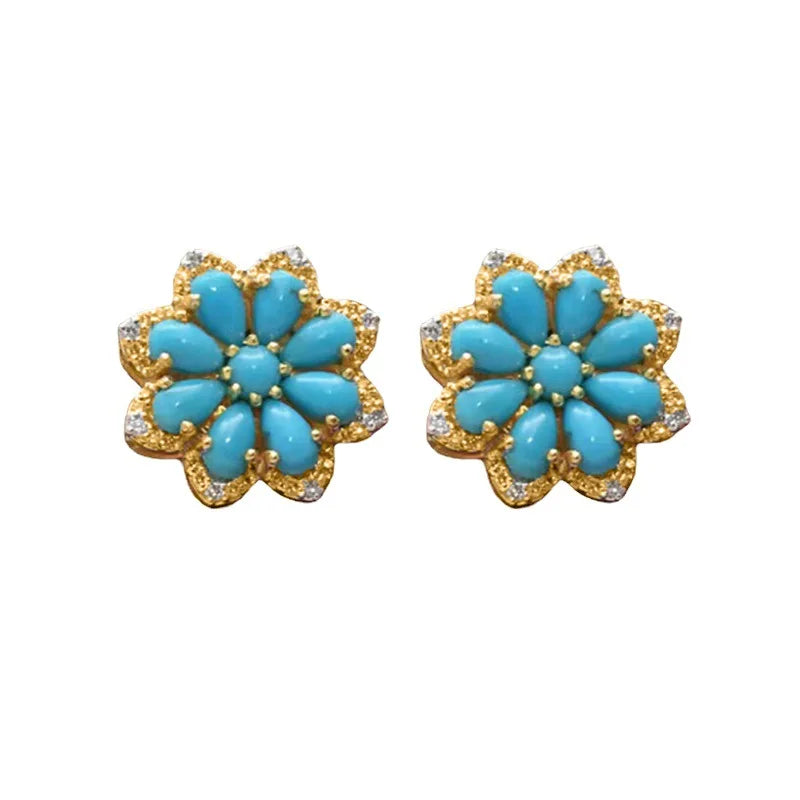 sengpan Vintage Turquoise Stud Earrings for Women Snow Flower Earring Statement Earring Valentine Day Gift Jewelry Pendientes Mujer