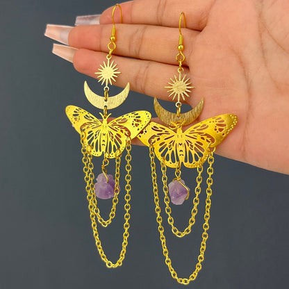 sengpan Amethyst Butterfly Drop Earrings For Women Fashion Simple Sun Moon Lady Birthday Logistics Pendant Earrings Jewelry Direct Sales