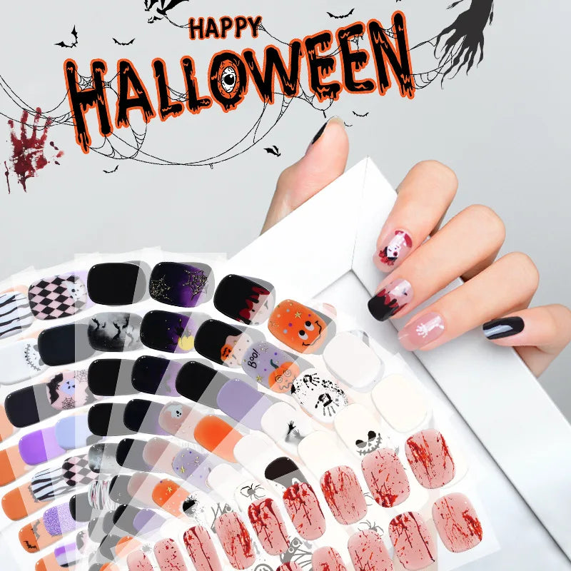 Lianfudai 2024 Halloween Semi-cured UV Gel Nail Stickers Pumpkin Skull Full Cover Gel For UV Lamp Gel Nail Strips Press On Nail Decal