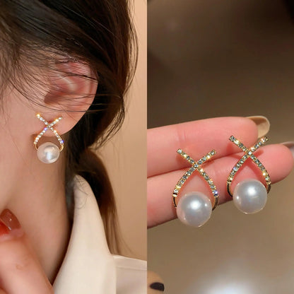 sengpan Korean Vintage Pearl Crystal Earrings For Women Jewelry High-class Luxury Zircon Flower Butterfly Leaf Women's Stud Earrings