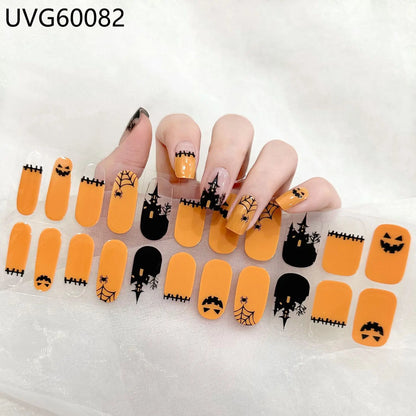 Lianfudai 2024 Halloween Semi-cured UV Gel Nail Stickers Pumpkin Skull Full Cover Gel For UV Lamp Gel Nail Strips Press On Nail Decal