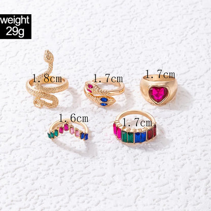 sengpan Colorful Crystal Snake Shape Ring Set For Women Fashion Butterfly Heart Gold Color Geometric Rings Female Wedding Finger Jewelry