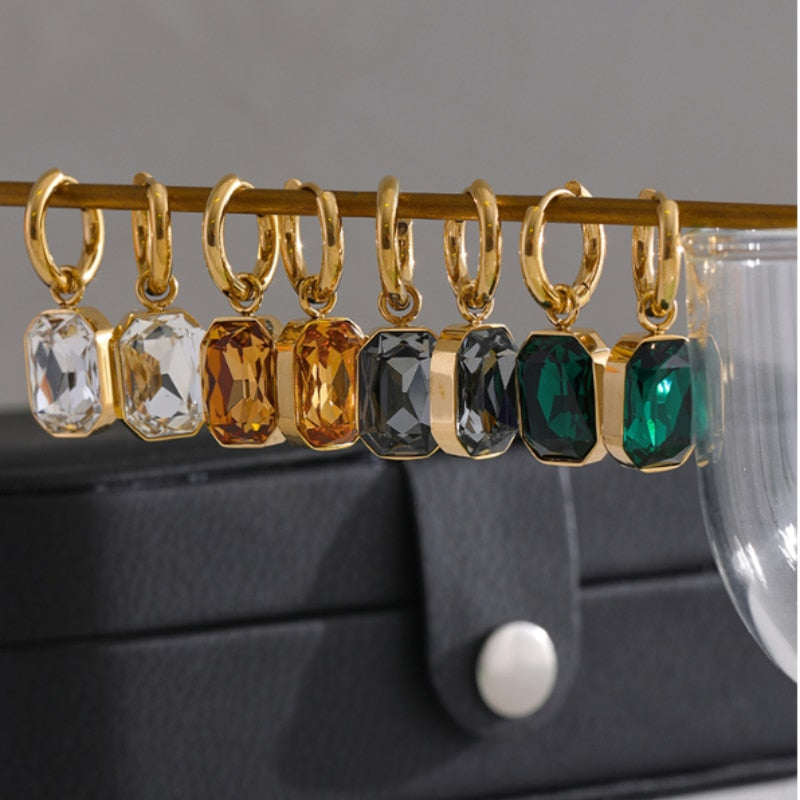 sengpan  Stainless Steel Cubic Zirconia Drop Dangle Earrings Trendy Jewelry Gold Color Square Geometric Earring For Women Jewelry