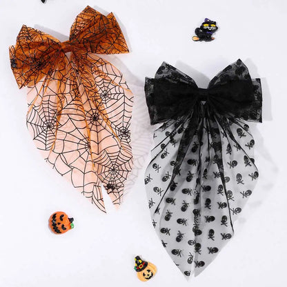 sengpan Fashion Halloween Spider Hair Clips Women Satin Large Bow Hairpin Bone Printing Long Tail Headwear Ladies Ponytail Clip Headwear