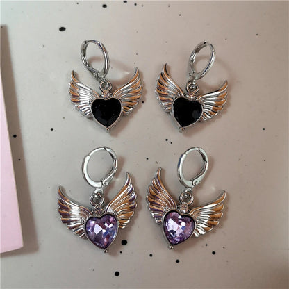 sengpan New Vintage Aesthetic Crystal Purple Heart Wing Pendant Earring For Women Men Grunge Punk Goth Y2K 2000s EMO Jewelry Accessories