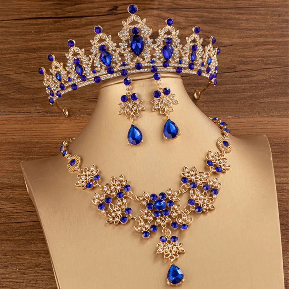 sengpan Baroque Bridal Crown Tiaras For Women Wedding Princess Queen Red Green Blue Crystal Tiaras Necklace Earrings Jewelry Sets